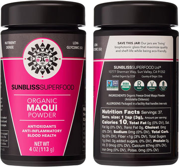 Organic Maqui Powder by Sunbliss Superfood | USDA Certified Organic and Non GMO | Freeze Dried Chilean Maqui Berry Powder | Antioxidant Rich Superfood Powder for Smoothies