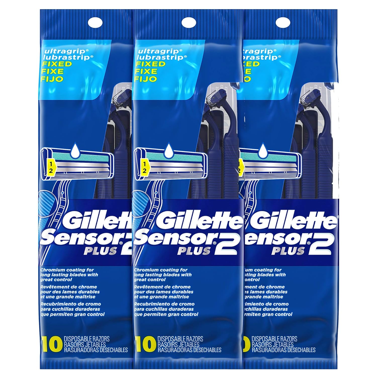 Gillette Sensor2 Plus Fixed Men'S Disposable Razor, 10 Count (Pack Of 3) Blue