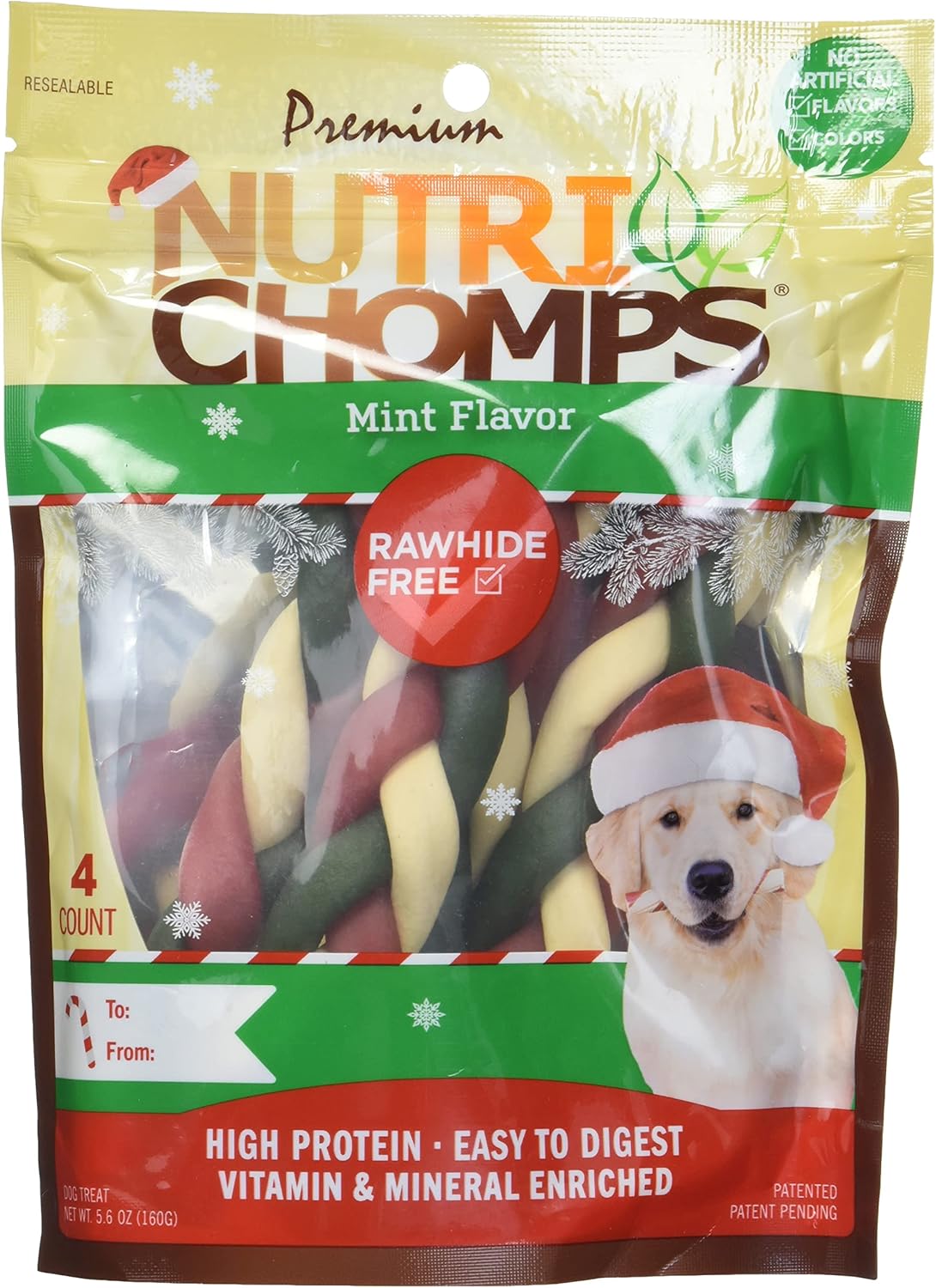 Nutrichomps Dog Chews, 6-Inch Holiday Braids, Mint, 4 Count, Red/Green