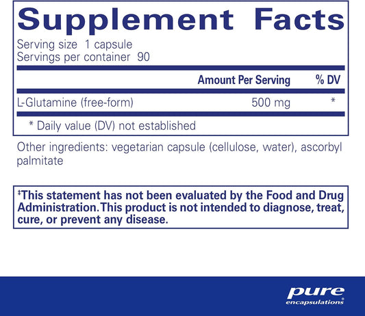 Pure Encapsulations L-Glutamine 500 Mg - Supplement For Immune And Digestive Support, Gut Health And Lining, Metabolism, And Muscle Support* - With Free-Form L-Glutamine - 90 Capsules