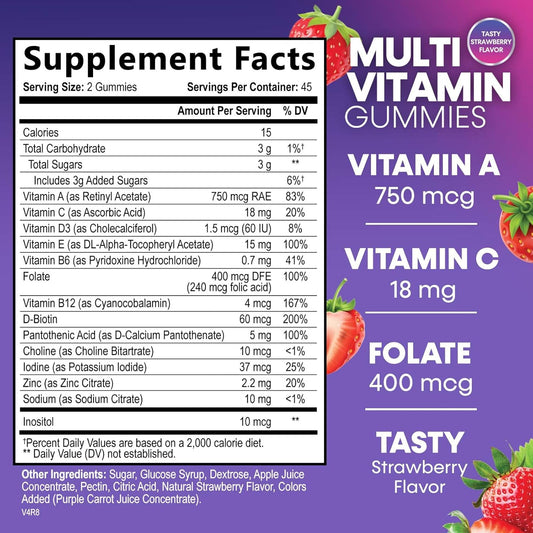Multivitamin Gummies For Adults With 13 Vitamins And Minerals, Daily Gummy Vitamin For Women & Men, Immune Health Support Supplement With Vitamins A, C, D, E, B-6, B-12, Zinc, Berry - 90 Gummies