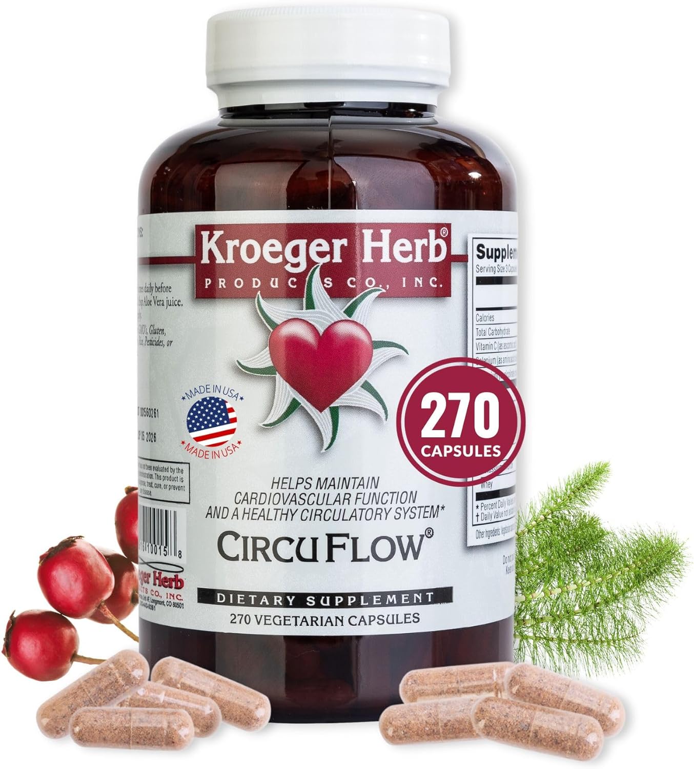 Kroeger Herb, Circuflow, Daily Heart Health and Circulation Support for Men & Women, Promotes Cardiovascular Function with Hawthorn Berry & More - Non-GMO, Gluten Free, No Preservatives - 270 Capsules