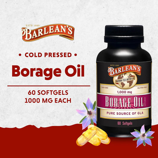 Barlean's Borage Oil Capsules, 1000mg Cold Pressed Pure Borage Seed Oil GLA Supplement, Omega 6 for Healthy Skin Joints and Bones and Brain Function, Non-GMO and PA Safe, 60 Count