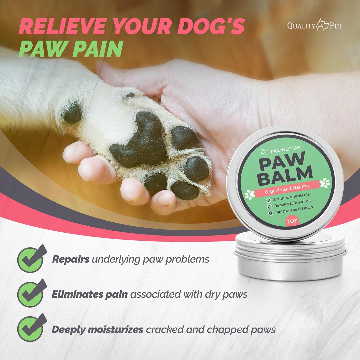 Paw Nectar Dog Paw Balm - Heals, Repairs & Restores Dry, Cracked & Damaged Paws - 100% Organic & Natural Cream Butter, Wax, Moisturizer & Protection for Dog Feet & Foot Pads - Effective & Safe - 2 Oz : Pet Supplies