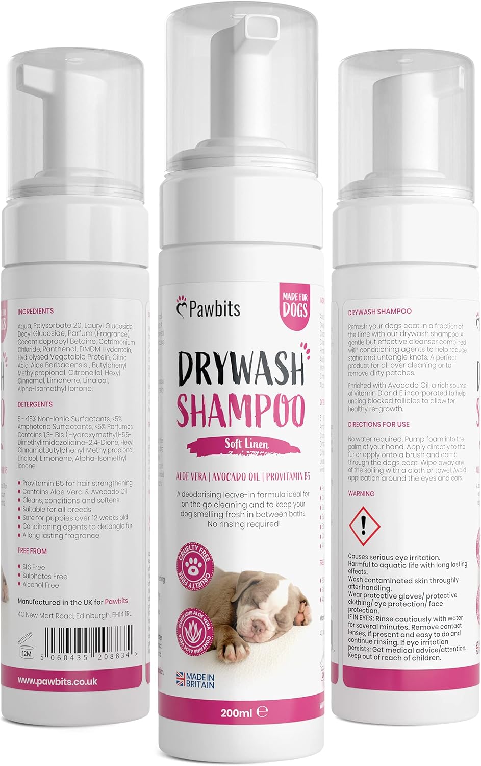 Pawbits Drywash Shampoo for Dogs - Puppy Friendly 3-in-1 Dry Shampoo to Clean, Condition & Detangle – No Water Required (Soft Linen - 200ml)??PB-DRYWASH