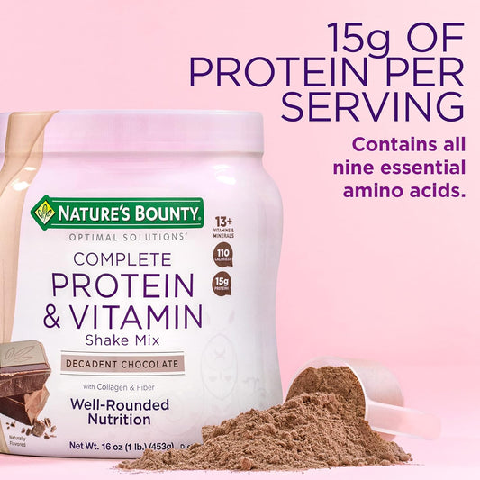 Nature'S Bounty Complete Protein & Vitamin Shake Mix With Collagen & Fiber, Contains Vitamin C For Immune Health, Decadent Chocolate Flavored, 1 Lb