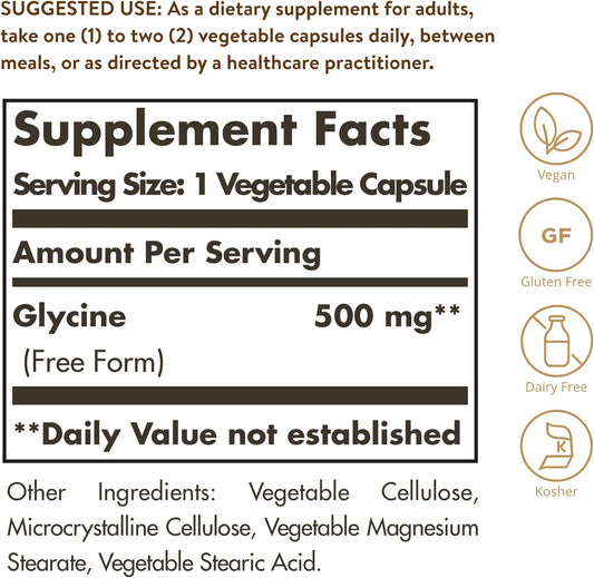 Solgar Glycine 500 mg - 100 Vegetable Capsules - Non-GMO, Vegan, Glute