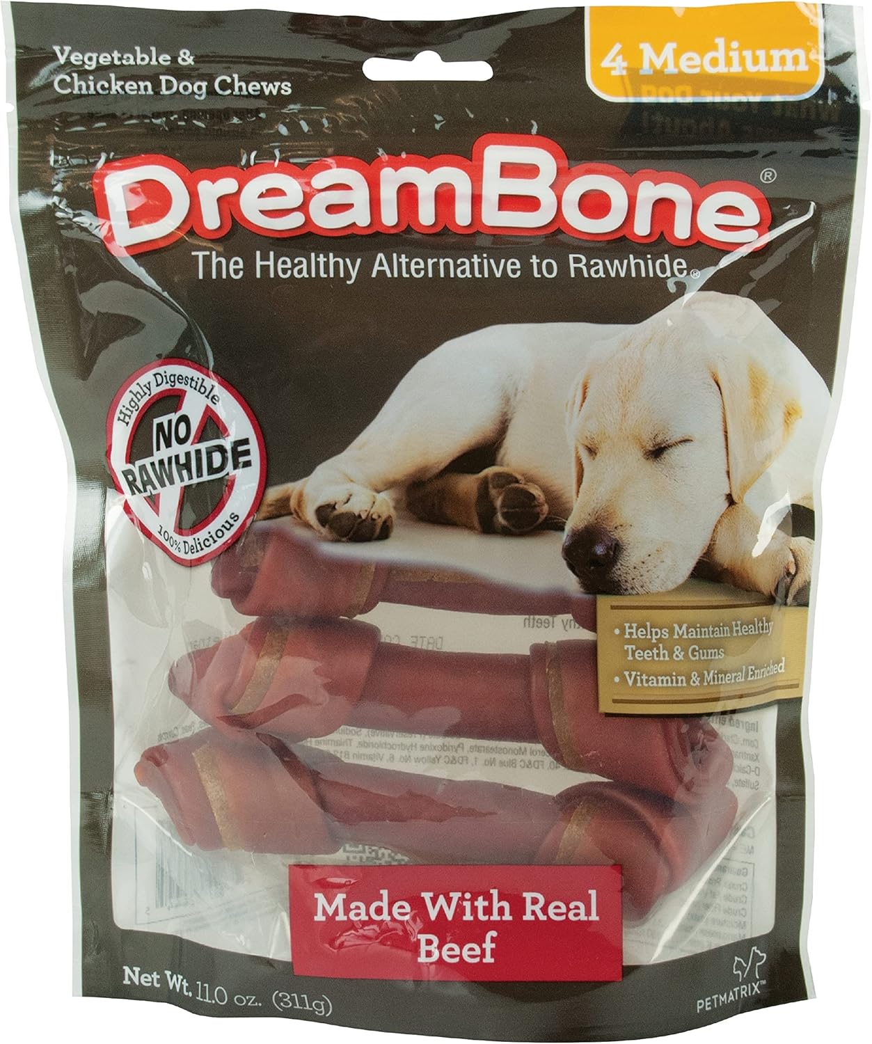 Dreambone Chews, Medium Rawhide Free Dog Bones Made With Real Beef, Chicken And Vegetables, 4 Count