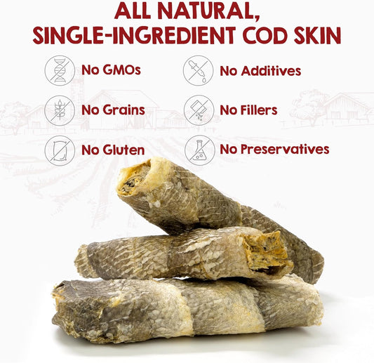 Riley'S Cod Skins For Dogs - Air Dried Single Ingredient Dog Treats - Short, Hand Wrapped Cod Skin Dog Treats - Sustainably Caught In Iceland - 3 Pack 5 Inch Chew Sticks