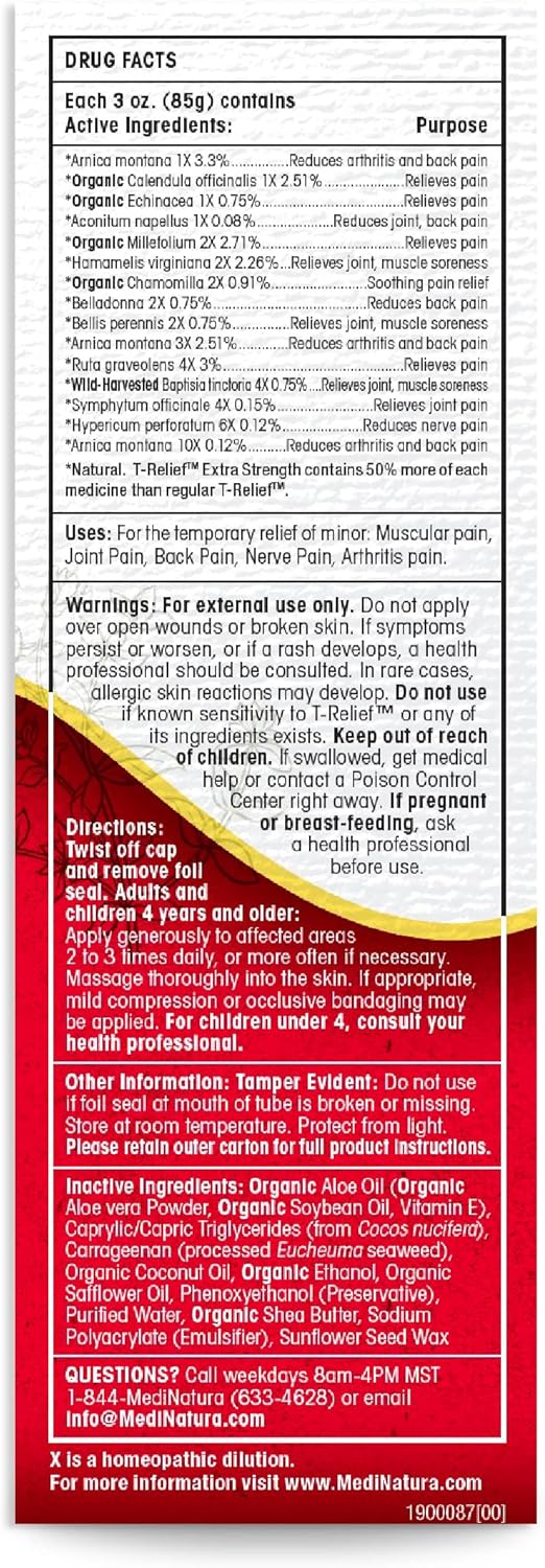 Medinatura T-Relief Extra Strength Pain Relief Cream Arnica +12 Fast-Acting Natural Relieving Actives Help Reduce Back, Neck, Joint, Muscle, Hand & Foot Aches, Pains, & Soreness - 3 Oz