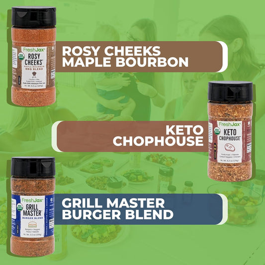 FreshJax Grill and BBQ Seasoning Gift Set | Pack of 3 Large Organic Grilling Spices | Grilling Gift sets for Men | Grill Master, Keto Chophouse & Rosy Cheeks-Maple Bourbon | Spices and Seasoning Sets