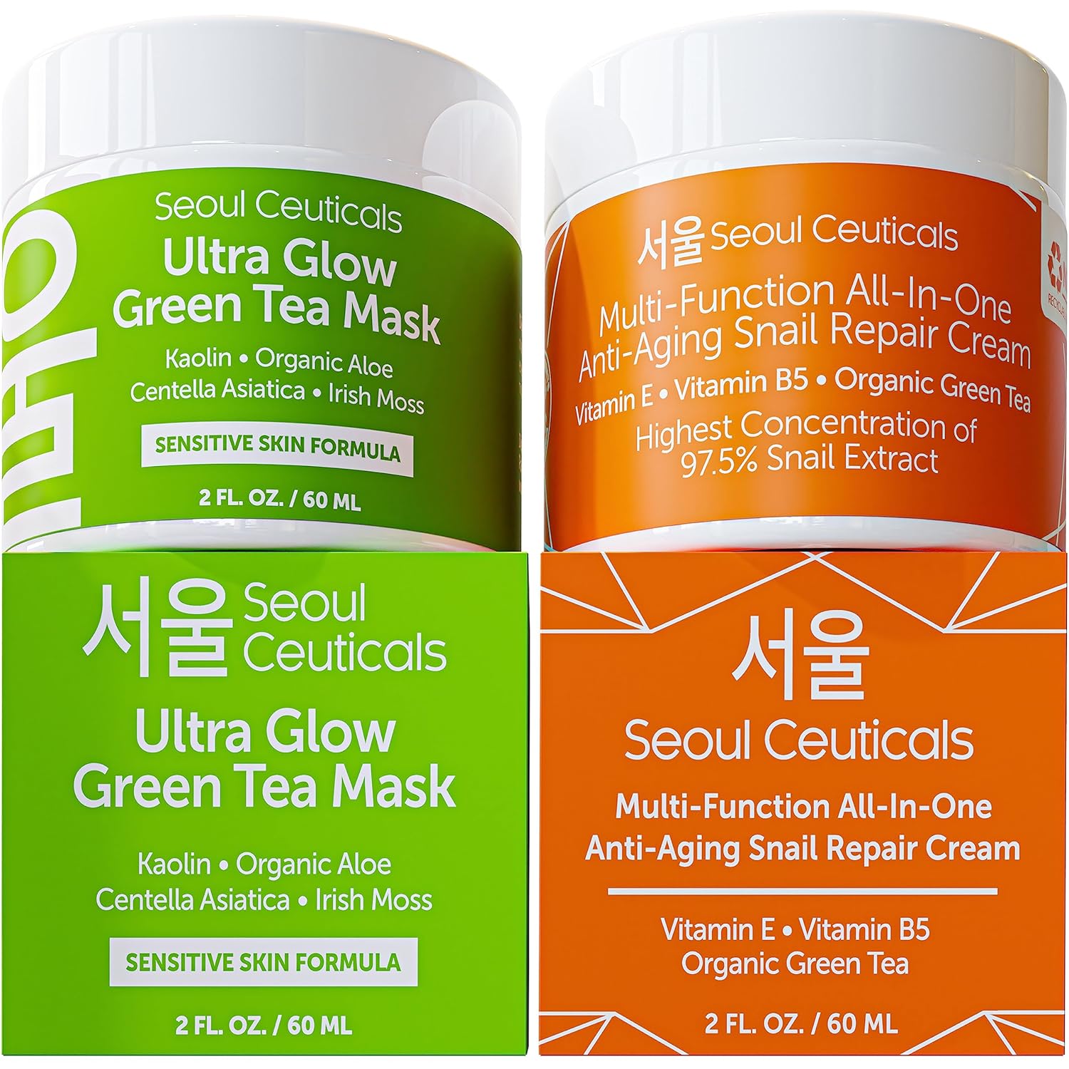 Seoulceuticals Korean Skin Care Set - Korean Green Tea Face Mask + Korean Snail Cream Moisturizer - Potent Korean Skincare Set Eliminates Dull Dry Skin For Healthy K Beauty Glow