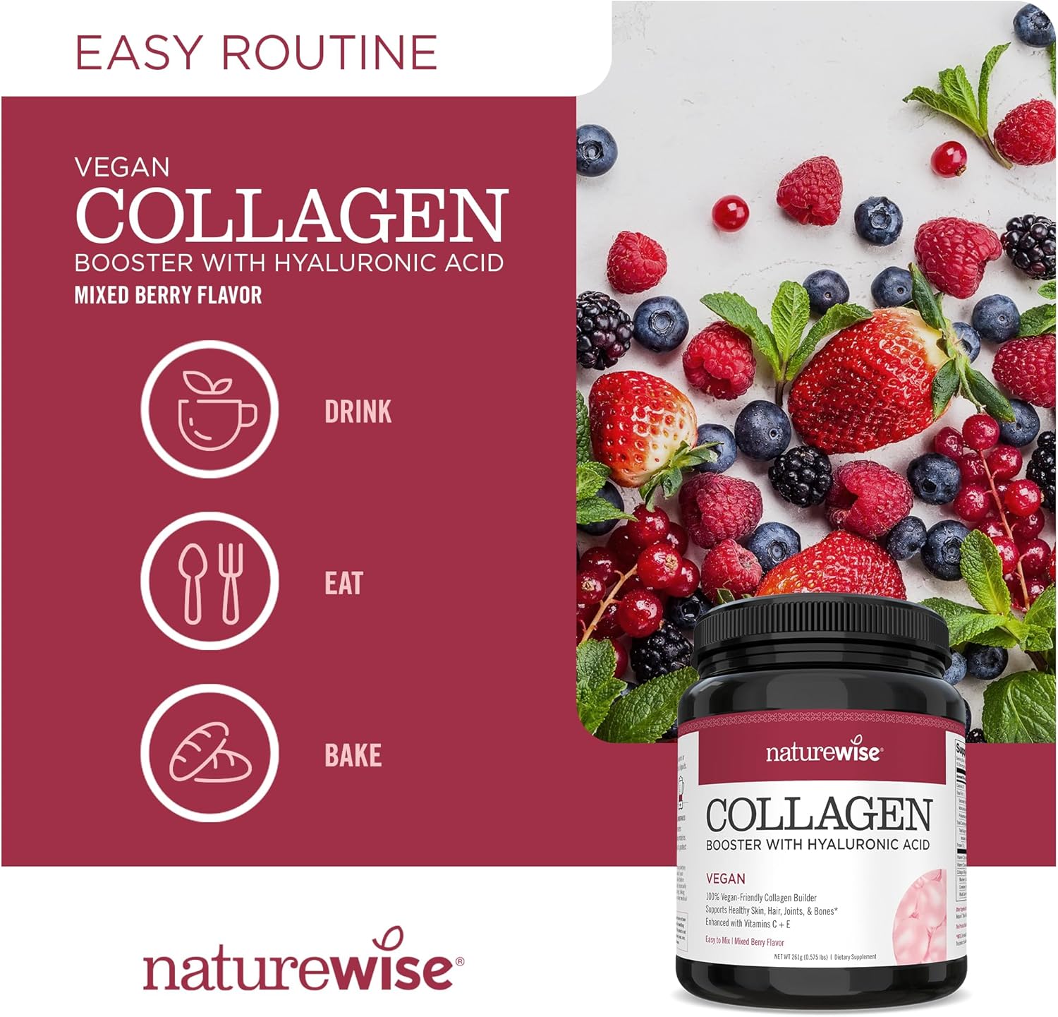 NatureWise Vegan Collagen Powder - Collagen Booster Formula for Healthy Hair, Skin, & Nails with Hyaluronic Acid, Vitamin C and E, Protein - Mixed Berry Flavor - Dairy-Free, Non-GMO - 15 servings : Health & Household