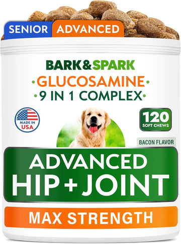 Bark&Spark Senior Advanced Glucosamine Chondroitin For Dogs - Hip Joint Pain Relief Pills - Old Dog Joint Supplement Large & Small Breed - Hip Joint Chews Joint Health Care Vitamin Treats - 120Ct