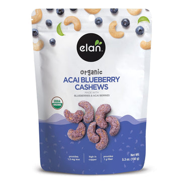 Elan Organic Acai Blueberry Cashews, 5.3 Oz, Non-Gmo, Vegan, Gluten-Free, Kosher, Glazed Nuts (Roasted Cashews, Acai Berry Powder, Blueberry Juice Powder), Superfood Infused Nuts