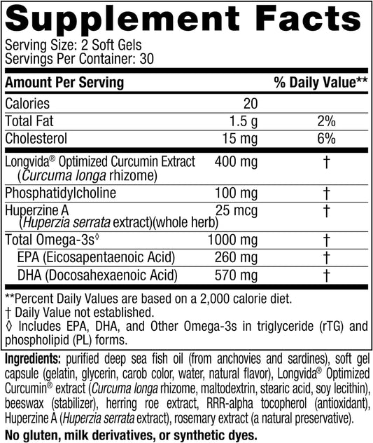 Nordic Naturals Omega Memory with Curcumin, Lemon - 60 Soft Gels - 1000 mg Omega-3 + 400 mg Optimized Curcumin - Memory, Cognition - Contains Phosphatidylcholine & Huperzine A - Non-GMO - 30 Servings