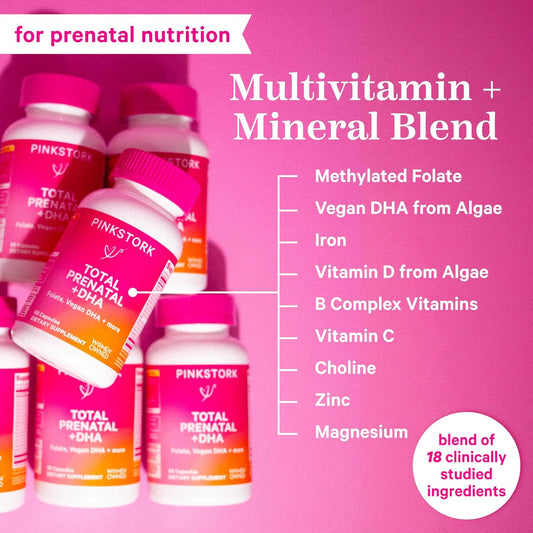 Pink Stork Total Prenatal Vitamins With Dha, Folate, Iron, Choline, And Vitamin B12 - Prenatals For Women To Support Fetal Development, Pregnancy Must Haves - 60 Capsules, 1 Month Supply