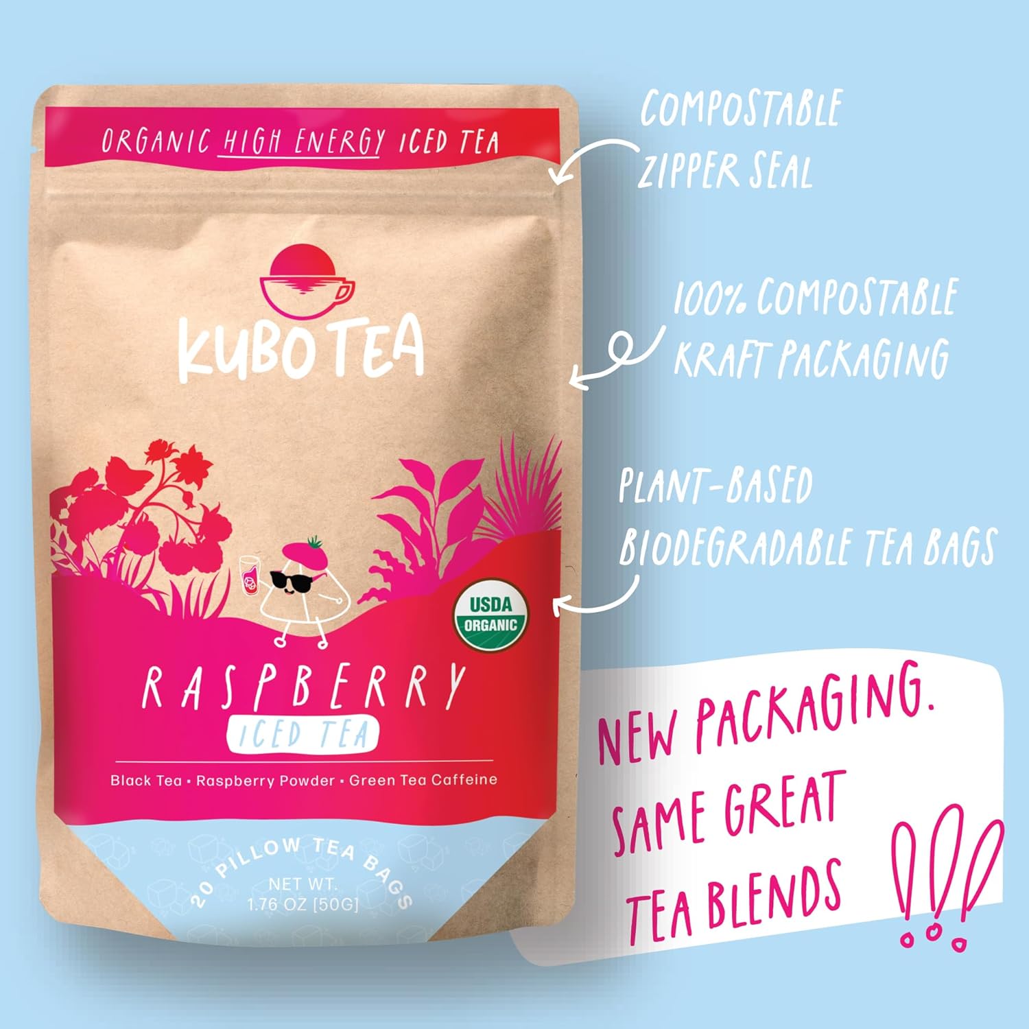 Kubo Tea, Organic High Energy Ice Tea, High Caffeine Blend, 20 Servings (155Mg Caffeine Each), Pillow Tea Bags, Kraft Packaging, Healthy Coffee Substitute (Raspberry)
