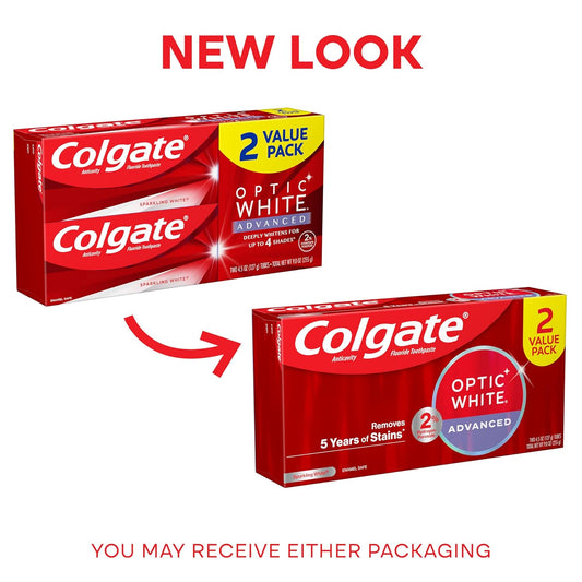 Colgate Optic White Advanced Teeth Whitening Toothpaste, 2% Hydrogen Peroxide Toothpaste, Sparkling White, 4.5 Oz, 2 Pack