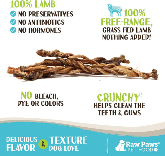 Raw Paws Lamb Pizzle Twists For Dogs - 5-9 Inch, 10-Ct - Usa Packed Natural Lamb Pizzle Sticks - Free-Range, Digestible Lamb Bully Sticks - Grain-Free Lamb Twist Dog Chew Sticks - Lamb Dog Treats