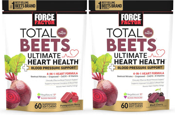 Bundle Of Force Factor Total Beets Ultimate Heart Health Blood Pressure Support Chews With Coq10, Beet Root Powder, Grape Seed Extract, Blood Pressure Supplement For Circulation & Blood Flow, 120 Soft