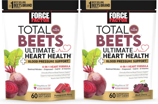 Bundle Of Force Factor Total Beets Ultimate Heart Health Blood Pressure Support Chews With Coq10, Beet Root Powder, Grape Seed Extract, Blood Pressure Supplement For Circulation & Blood Flow, 120 Soft