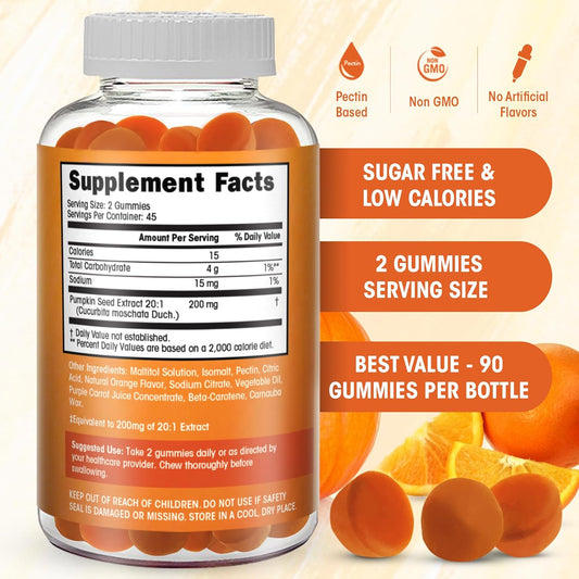 Pumpkin Seed Oil Gummies Sugar-Free Naturally Flavored- Pumpkin Seed Oil For Hair Growth, Bladder, Urinary Tract Support, Young Skin Supplement - Vegan, Halal Pumpkin Seed Extract- 90 Count