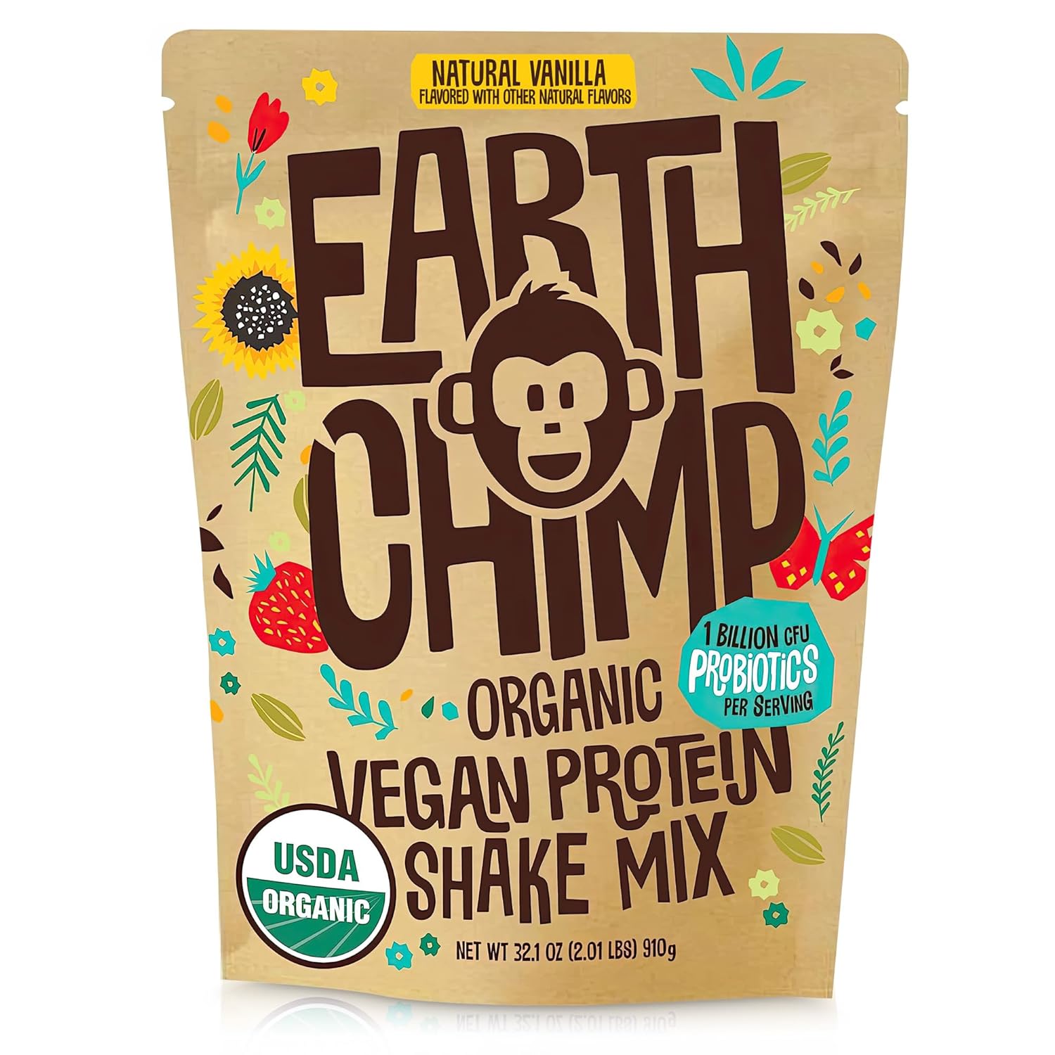 Earthchimp Organic Vegan Protein Powder - With Probiotics - Non Gmo, Dairy Free, Non Whey, Plant Based Protein Powder For Women And Men, Gluten Free - 26 Servings 32 Oz (Vanilla)