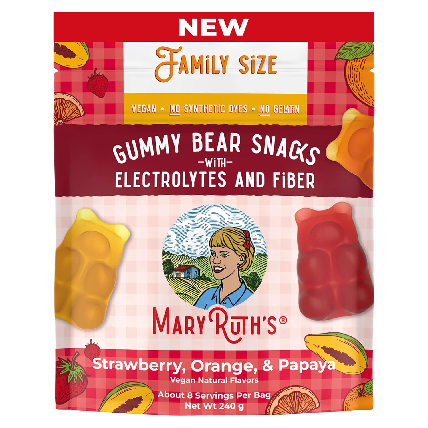 MaryRuth Organics Gummy Bears Snack with Electrolytes and Fiber | Fruit Flavored Gummy Candy Pack | Strawberry | Orange | Papaya | Vegan | Gluten Free | Non-GMO | Family Size | 240g