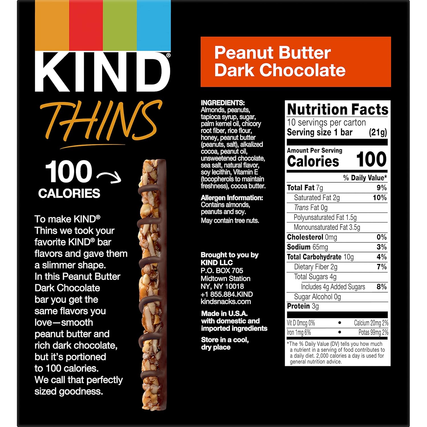 Kind Thins Peanut Butter Dark Chocolate Bars, Gluten Free, 100 Calories, 0.74 Oz Bars, 10 Count