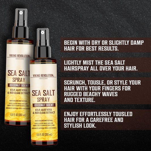 Viking Revolution Coconut Sea Salt Spray For Men - Styling, Volumizes & Enhances Natural Curls, Provides Beach Hair Look, Boosts Volume, Soothes With Kelp, Aloe Vera & Red Algae - 2 Pk