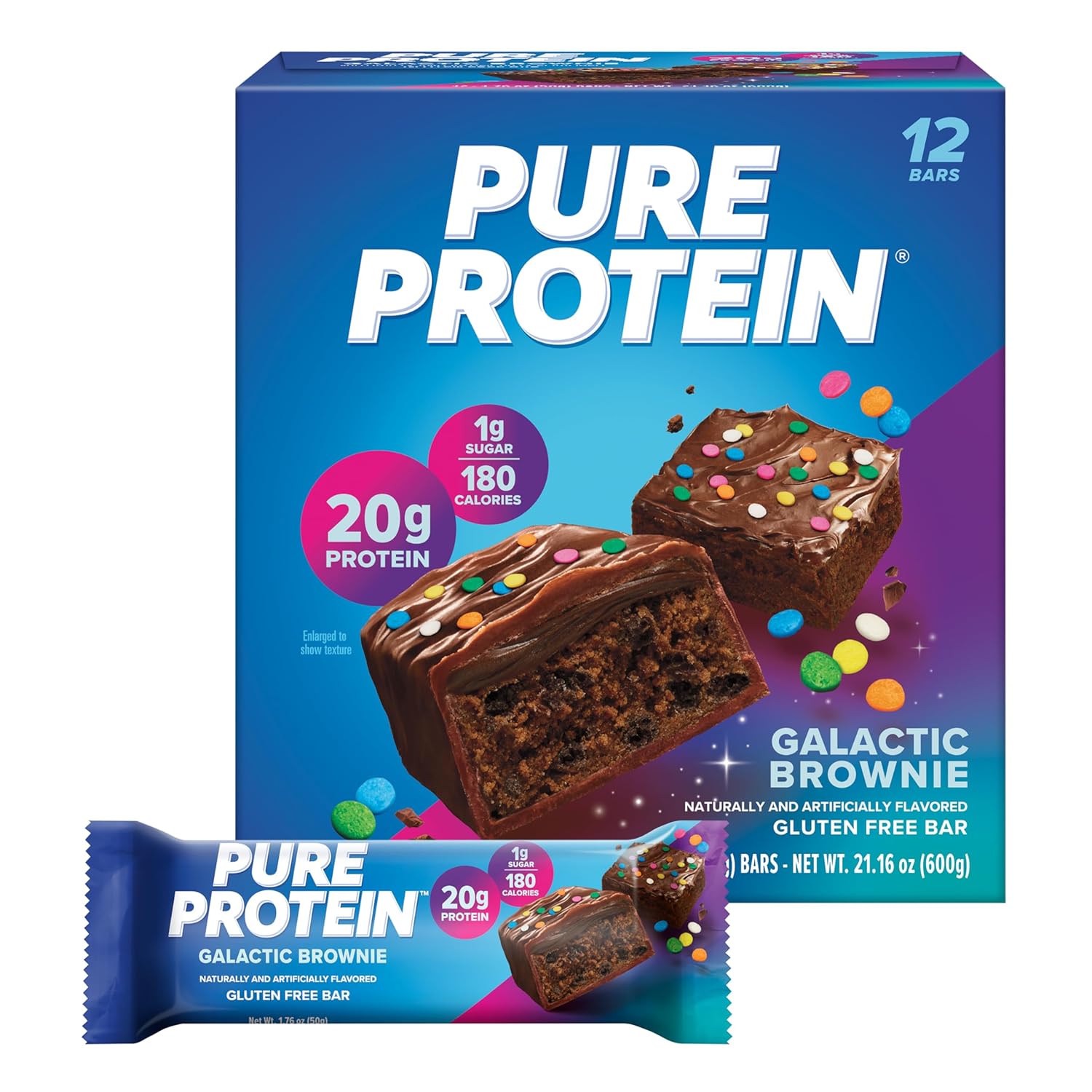 Pure Protein Bars, Galactic Brownie, High Protein, Low Sugar, Gluten Free, Nutritious Snack, 1.76Oz, Pack Of 12