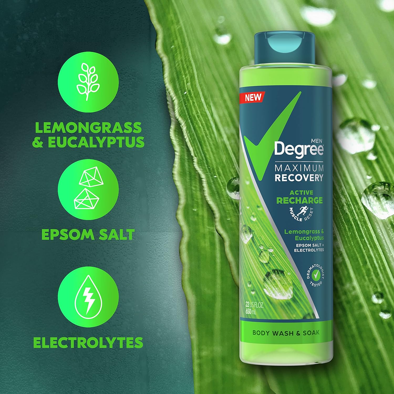 Degree Men Body Wash and Soak For Post-Workout Recovery Skincare Routine Lemongrass and Eucalyptus + Epsom Salt + Electrolytes Bath and Body Product, 22 FL Oz (Pack of 4) : Beauty & Personal Care