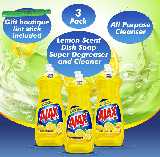 Number 1 In Service Ajax Dishwashing Liquid Dish Soap, 28 Ounce Ajax Dish Soap Lemon Scent Super Degreaser And Cleaner, All Purpose Cleanser, Total 84 Ounces, With Gift Boutique Lint Stick, 3 Pack
