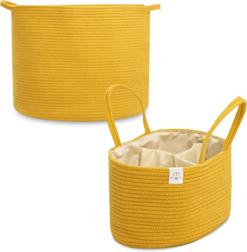 Natemia Extra Large Rope Storage Basket And Cotton Rope Diaper Caddy - Nursery Bin And Toy Organizer Laundry Basket, Basket For Towels, Pillows And Blankets, Perfect Baby Registry Gift - Harvest Gold