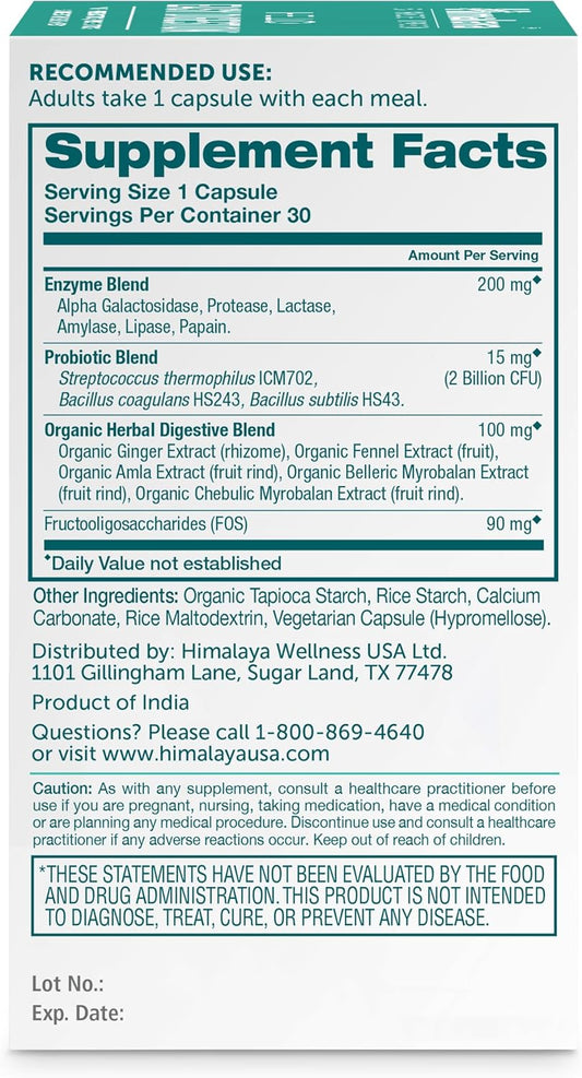 Himalaya Hello Easy Digestion, Digestive Enzymes With 2 Billion Cfu Probiotics And Prebiotics, Plus 100 Mg Herbal Digestive Support With Ginger, Fennel & Triphala, 30 Vegetarian Capsules