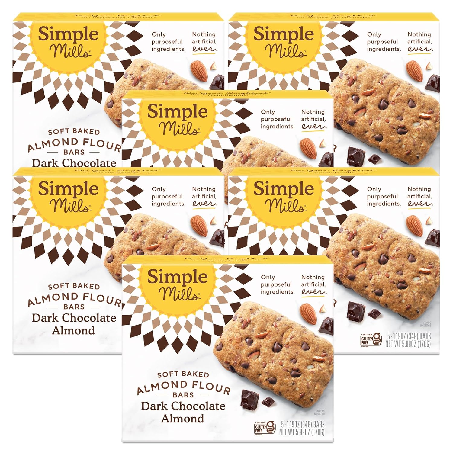 Simple Mills Almond Flour Snack Bars, Dark Chocolate Almond - Gluten Free, Made with Organic Coconut Oil, Breakfast Bars, Healthy Snacks, Paleo Friendly, 6 Ounce (Pack of 6)
