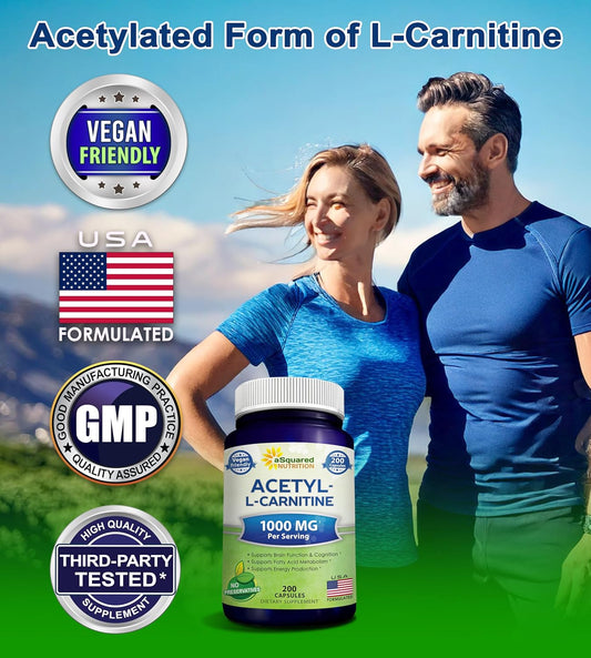 Asquared Nutrition Acetyl L-Carnitine 1000Mg Max Strength - 200 Veggie Capsules - High Dosage Acetyl L Carnitine Hcl (Alcar) Supplement Pills To Support Pure Energy, Brain Function & Fatty Acid