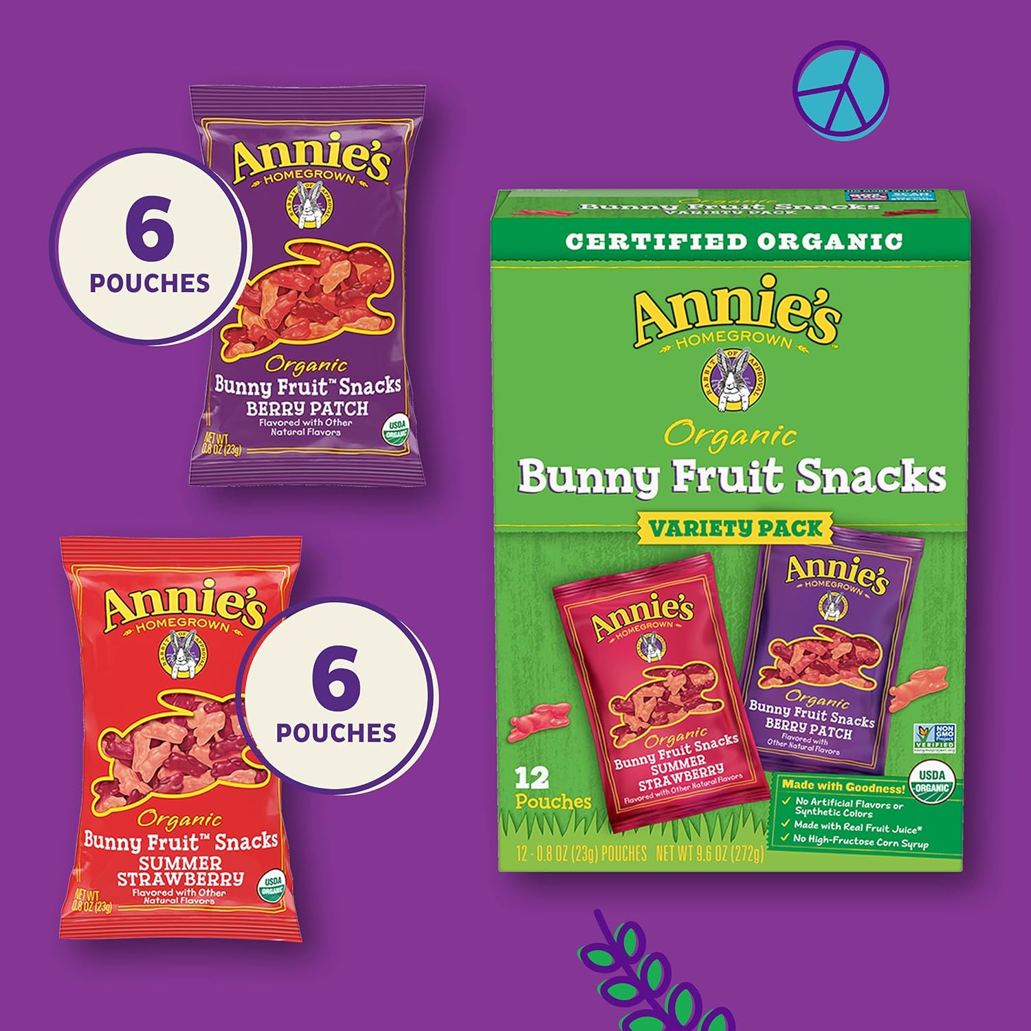 Annie'S Organic Bunny Fruit Snacks, Gluten Free, Variety Pack, 12 Pouches