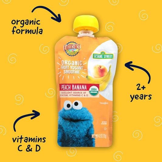 Earth'S Best Organic Kids Snacks, Sesame Street Toddler Snacks, Organic Fruit Yogurt Smoothie For Toddlers 2 Years And Older, Peach Banana, 4.2 Oz Resealable Pouch (Pack Of 12)