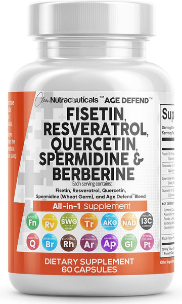 Clean Nutraceuticals Fisetin 2500Mg Quercetin 1000Mg Resveratrol 1000Mg With Spermidine Wheat Germ Extract 1000Mg - Health Supplement For Adults Longevity With Berberine, Collagen, Rhodiola, Apigenin