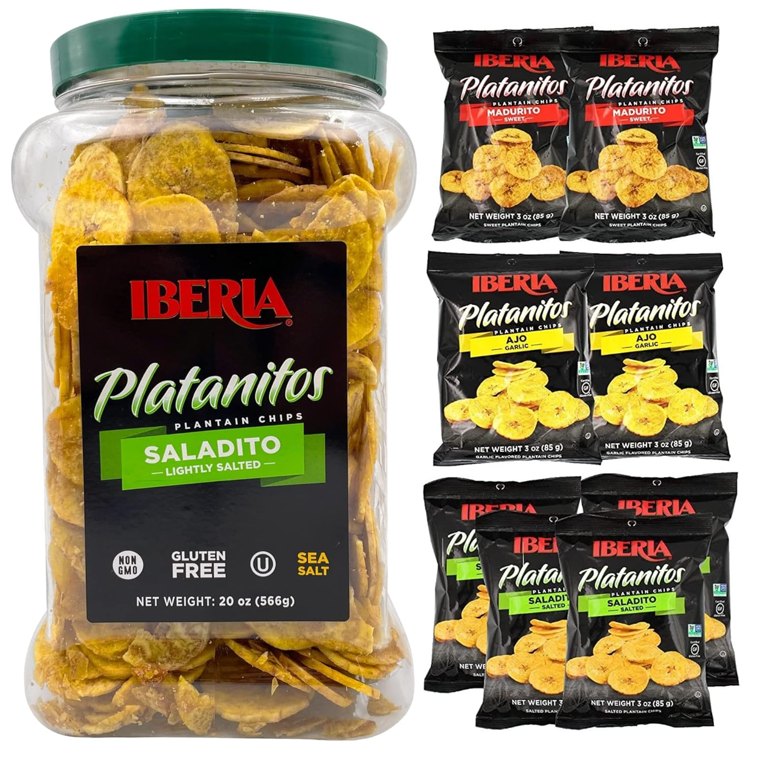 Iberia Salted Platnain Chips 1.75 lb. Jar + Iberia Plantain Chips Variety Pack Bundle