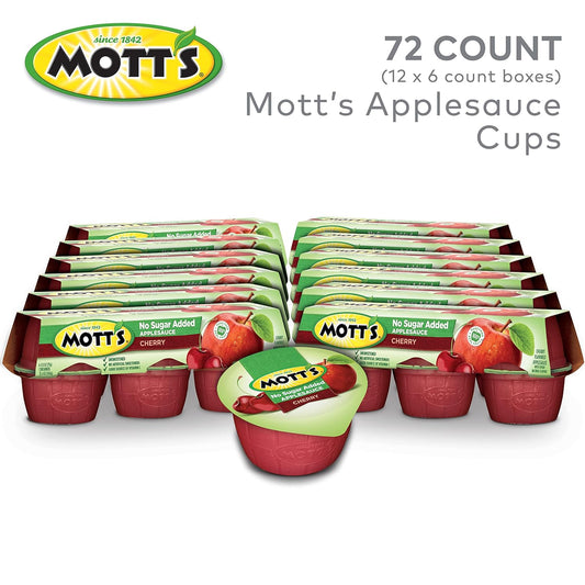 Mott'S No Sugar Added Cherry Applesauce, 3.9 Oz Cups, 72 Count (12 Packs Of 6), Good Source Of Vitamin C, No Artificial Flavors