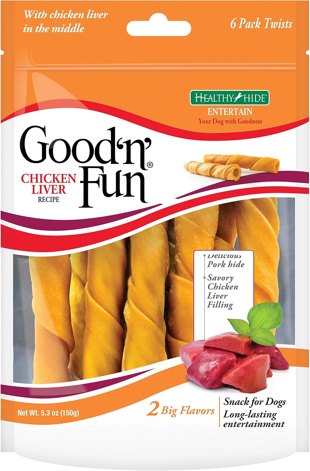 Good 'N' Fun Rawhide Twists, Chicken Liver Recipe, 6-Count