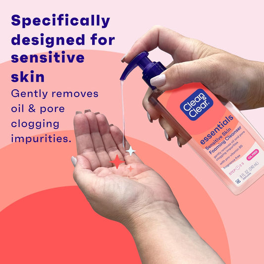 Clean & Clear Essentials Oil-Free Foaming Facial Cleanser, Daily Face Wash With Pro-Vitamin B5 Gently Removes Oil & Pore Clogging Impurities Without Drying Skin, Fragrance-Free, 8 Fl. Oz