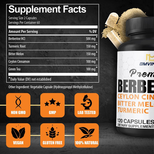 Berberine Hcl Supplement, Ceylon Cinnamon And Turmeric Capsules, Green Tea And Bitter Melon Capsules - 120 Capsules For 2 Month Supply