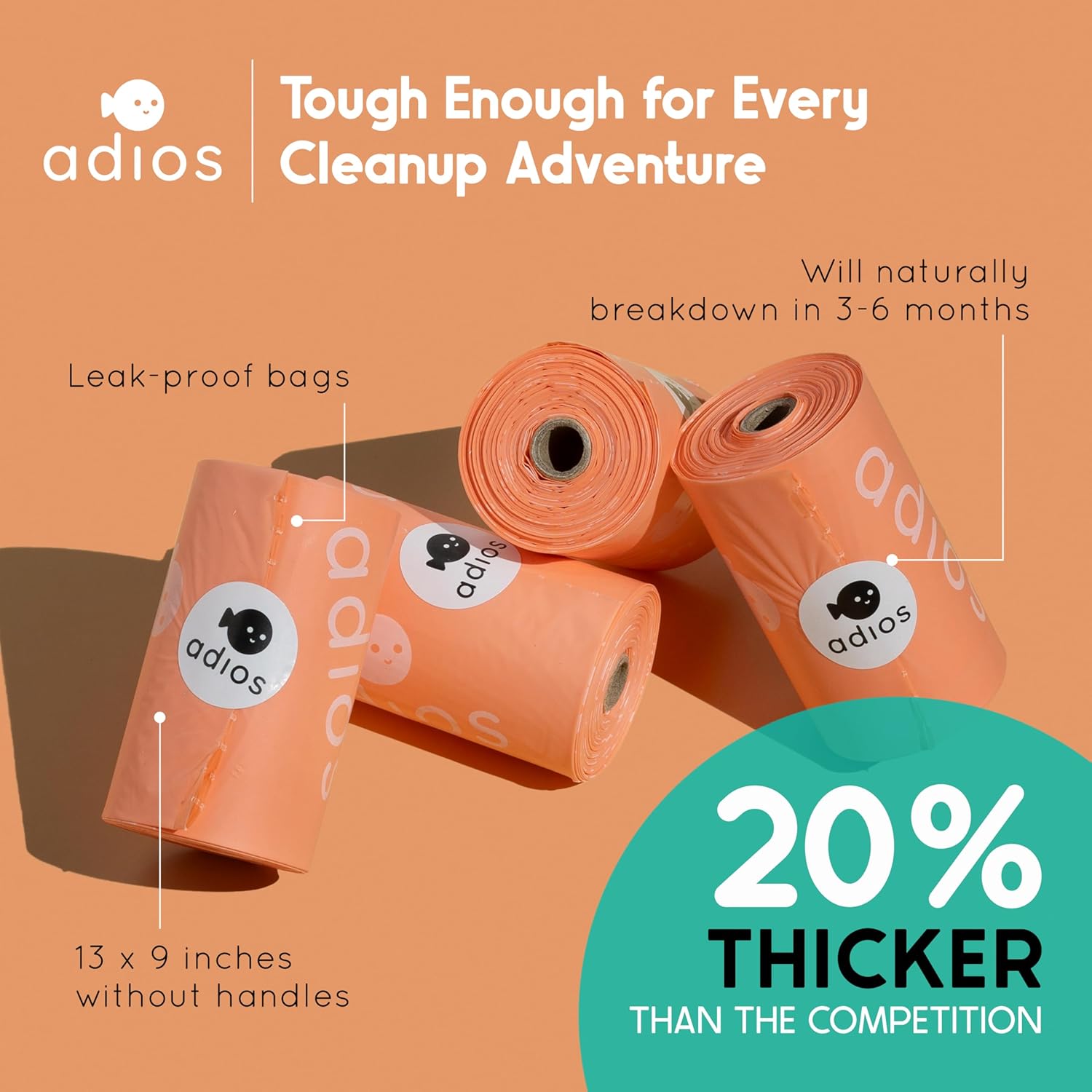 Adios - Compostable Dog Poop Bags, 120 Count (8 Rolls) - Coral Colour - Extra Thick, Leakproof, Odour Proof Dog Waste Bags - Made from Compostable Cornstarch - Easy Tear Rolls : Amazon.co.uk: Pet Supplies