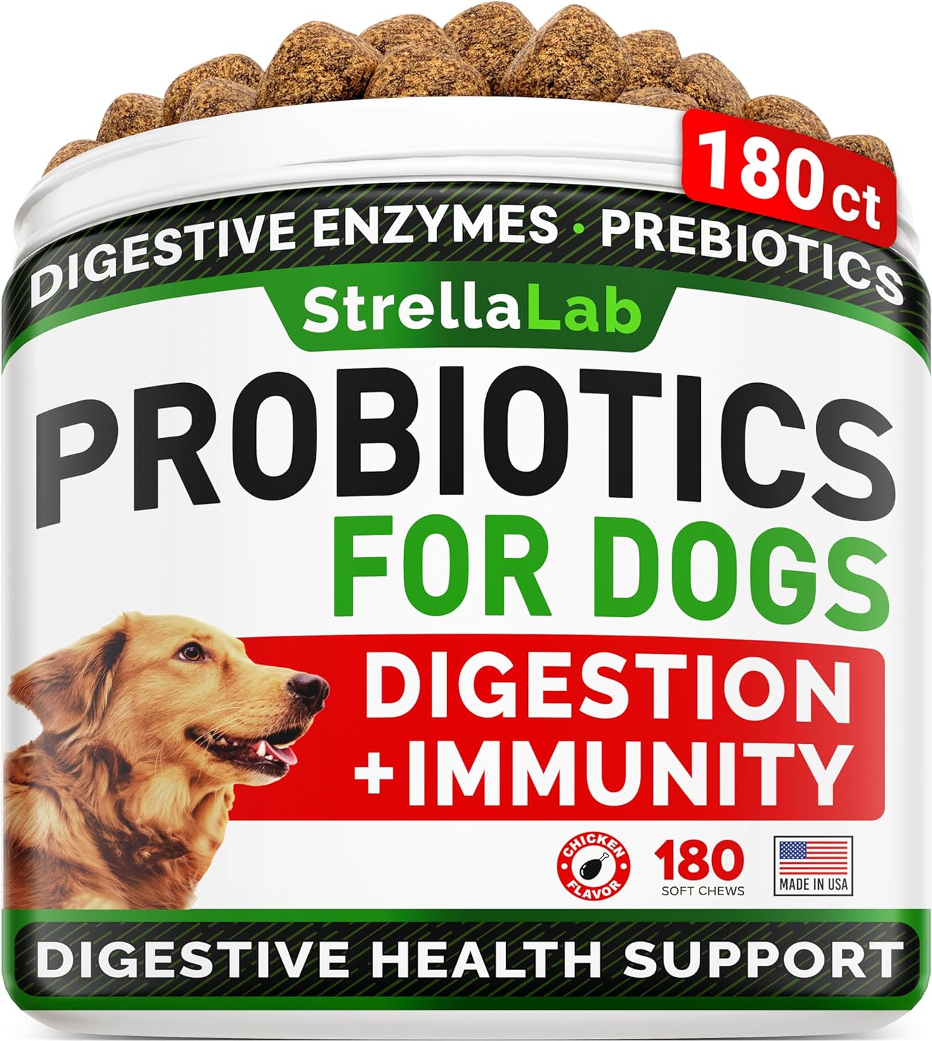 StrellaLab Dog Probiotics Treats for Picky Eaters (180ct) - Digestive Enzymes + Prebiotics - Chewable Fiber Supplement - Allergy, Diarrhea, Gas, Constipation, Upset Stomach Relief - Digestion&Immunity