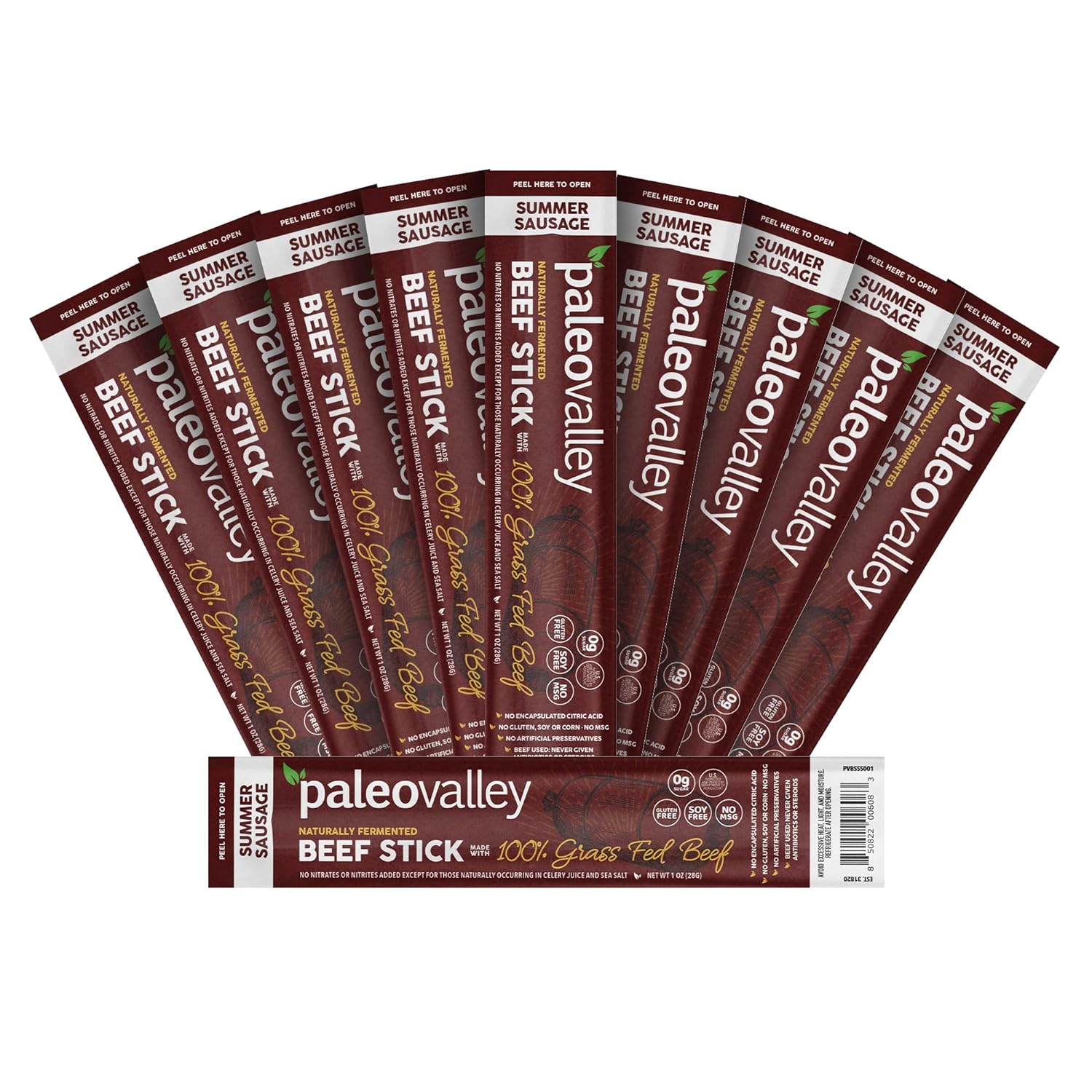 Paleovalley 100% Grass Fed Summer Sausage Beef Sticks - Delicious Gluten Free Beef Snack - High Protein Keto Friendly