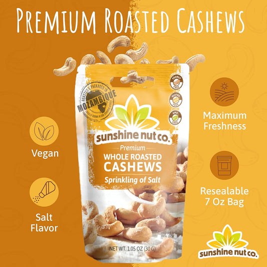 Sunshine Nut Company Whole Roasted Lightly Salted Cashews, Sprinkling Of Salt Flavor, 2 Pack, 7 Oz. Each, Gluten Free, Peanut Free And Vegan Individual Snack Packs For Kids And Adults, Gmo Free